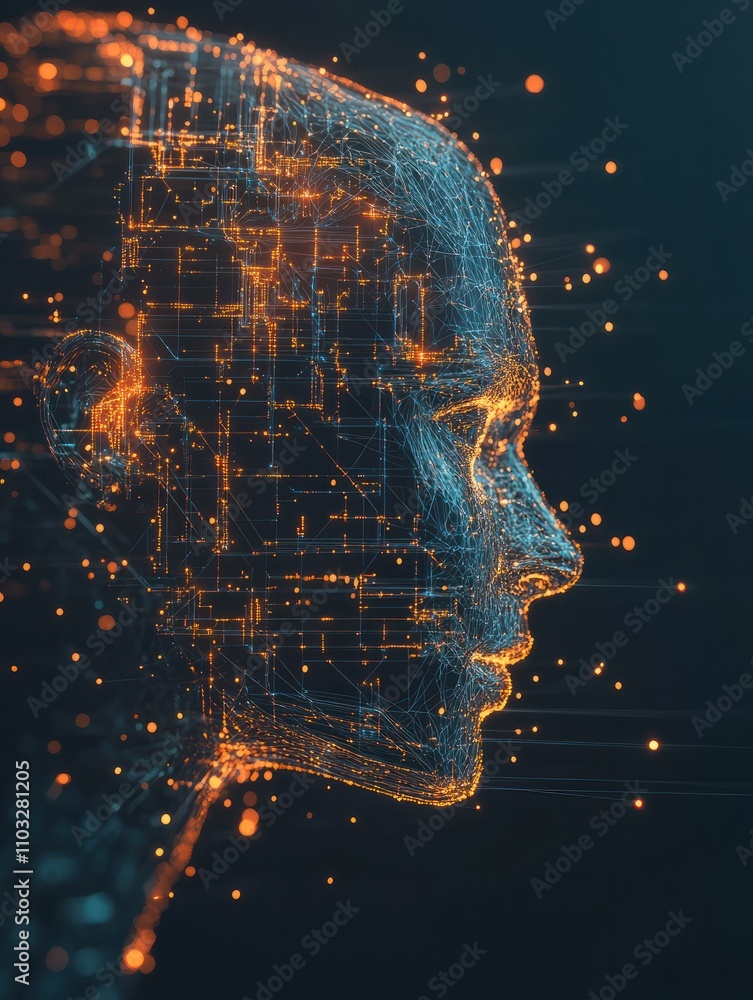 Poster creative digital head outline on dark background. artificial intelligence and machine learning conce