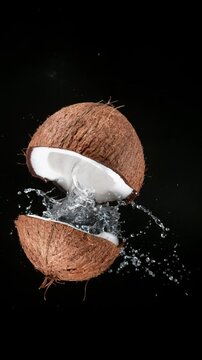 Cracked coconut with splashing juicy water, super slow motion filmed on high speed cinematic camera at 1000 fps.