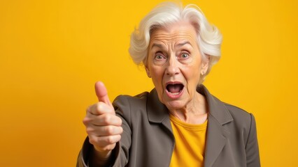 angry granny threatens with her finger. elderly woman on yellow background. grandma looks at the camera and hand pointing