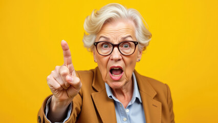 angry granny threatens with her finger. elderly woman on yellow background. grandma looks at the camera and hand pointing