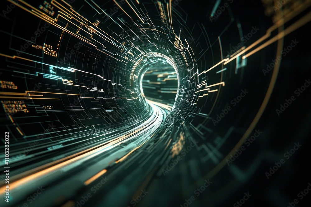 Poster exploring futuristic technology concepts digital tunnel visualization virtual space graphic art sci-