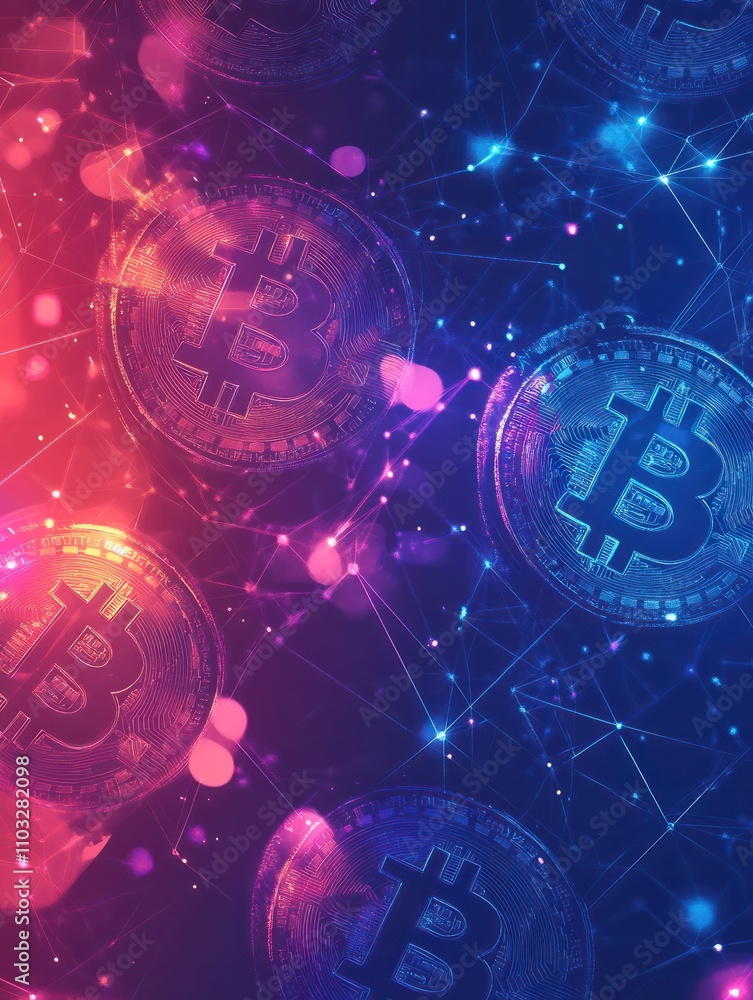 Poster cryptocurrency blockchain network background. bright glowing symbols. futuristic big data informatio