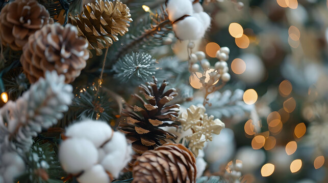 Beautiful decorated Christmas tree with dry flowers, pine cones and cotton. Boho design. Close-up.