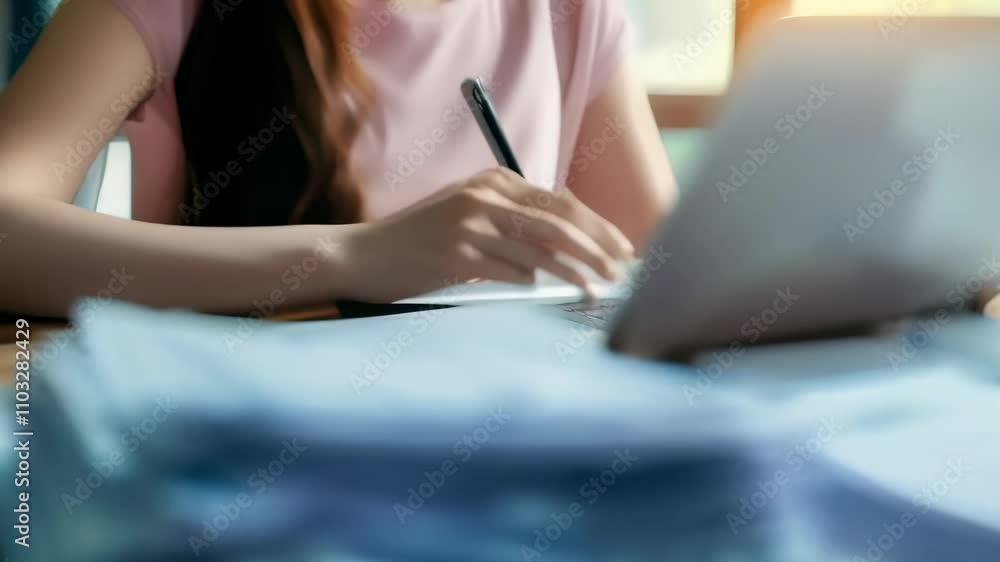 Poster Accountant working with laptop and reviewing large stack of financial documents, calculating and analyzing data at workplace