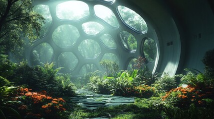 Futuristic biodome with integrated technology for ecological balance, sustainability, and habitat preservation in a controlled environment