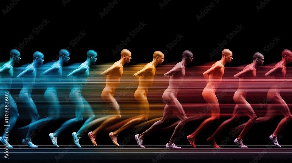 Poster Dynamic running sequence studio abstract art dark background side view motion concept for fitness visualization