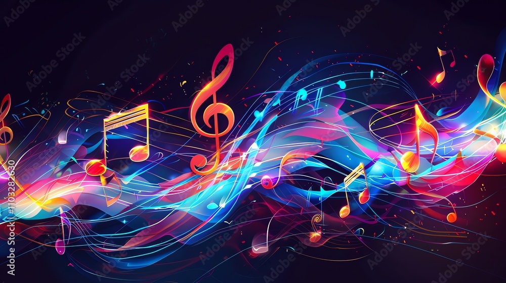 Poster a colorful abstract background with music notes and glowing lines and shapes.