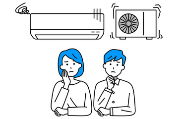 エアコンの修理か買い替えを検討するカジュアルな男女