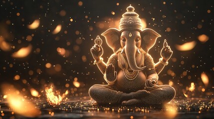 Majestic Lord Ganesha in Ethereal Light Surrounded by Glowing Orbs and Fireflies, Symbolizing Prosperity, Wisdom, and Divine Blessings in a Spiritual Setting