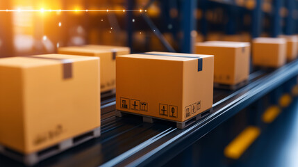 Smooth flow of packaging inventory in a high-tech warehouse, displaying digital systems and optimized stock movement process for e-commerce