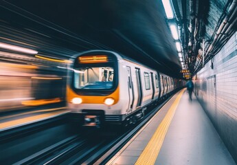 Fototapeta premium Fast-Moving Train in Urban Subway Station with Blurred Motion Effect and Dim Lighting Highlighting the Dynamic Atmosphere of Public Transportation