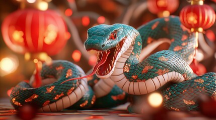 Obraz premium Chinese New Year 2025 snake golden red concept. A vibrant snake surrounded by festive lanterns in a colorful setting.