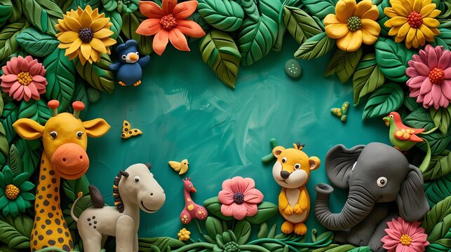 A green background with a border of clay animals and flowers.