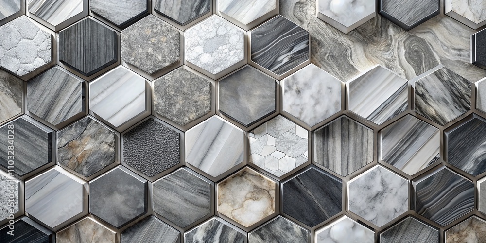 Aufkleber abstract marble hexagons on grey background - aerial view of geometric patterns for modern design an