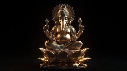 Intricately Designed Golden Lord Ganesha Sculpture on Lotus Base, Symbolizing Prosperity, Wisdom, and New Beginnings, Set Against a Dark Background for Dramatic Effect
