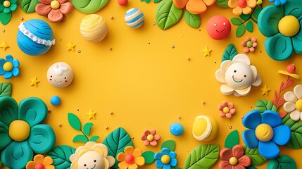 Obraz premium A yellow background with a frame of colorful flowers and leaves, with smiling planets, a smiling sun, and a smiling planet in the center.