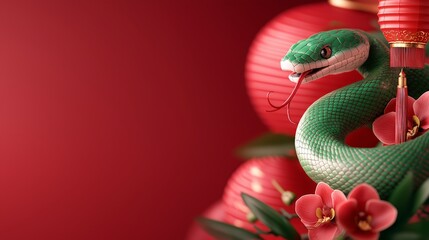 Fototapeta premium Chinese New Year 2025 snake golden red concept. Green snake with red lanterns and flowers, festive decor on a vibrant red background.