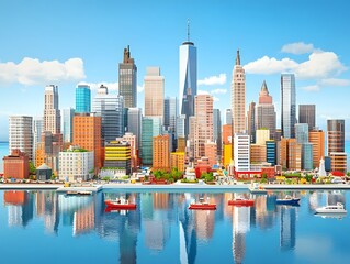 Fototapeta premium A vibrant city skyline reflecting on water, showcasing modern architecture and boats.