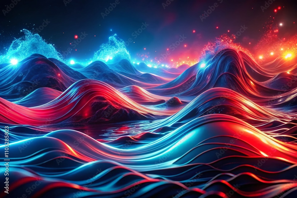 Poster abstract night photography of blue and red waves with computer generated effects, capturing dynamic 
