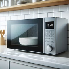 Modern microwave oven with digital display with steaming bowl of soup inside illuminated by interior light. AI generated.