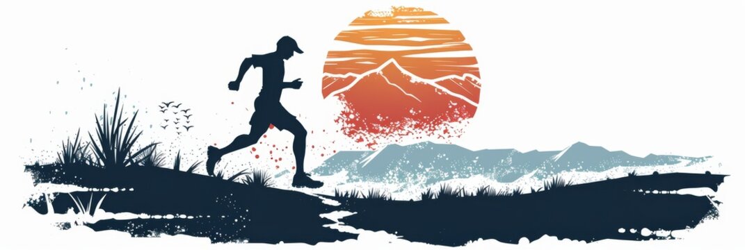 Ultra trail running logo, mountain marathon, runner symbol, race sport track, speed trekking, run label