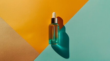 Blank glass face serum bottle on turquoise, yellow and brown background. Copy space.