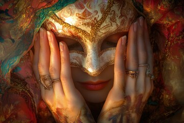 A woman wearing a mask and holding her hands to her face