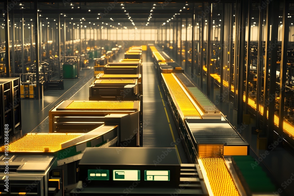Poster a vast industrial warehouse with automated sorting and storage systems.