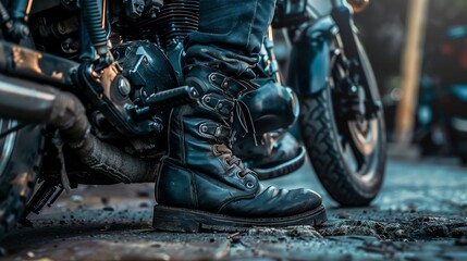 A person is standing by a motorcycle wearing black boots.