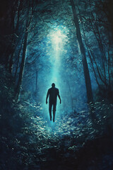 alien abduction night forest, blinding light, levitating man, creepy painting, cinematic