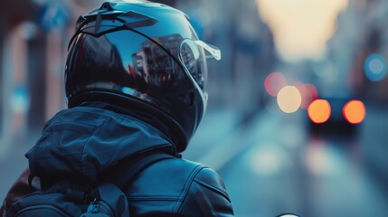 Naklejka premium A motorcyclist wearing a helmet and leather jacket looks out over the city.