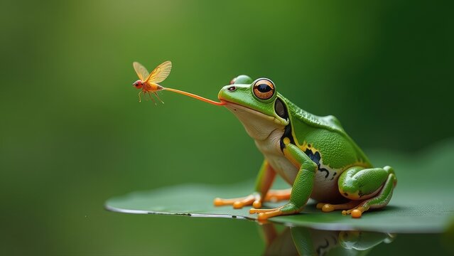 Cute Green Frog Catches A Fly With Its Tongue. Natural Hunting In The Wild