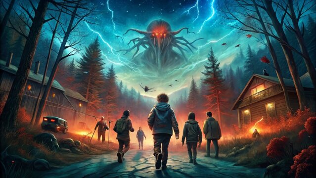 Mysterious forest adventure under a galactic storm with fantasy creature