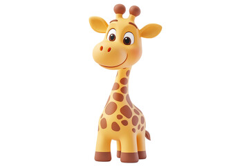 3d render of Giraffe isolated on transparent background. png. clipart.Playful 3D giraffe cartoon standing tall with bright spots, a long neck, and a cheerful smile, rendered in soft yellow tone