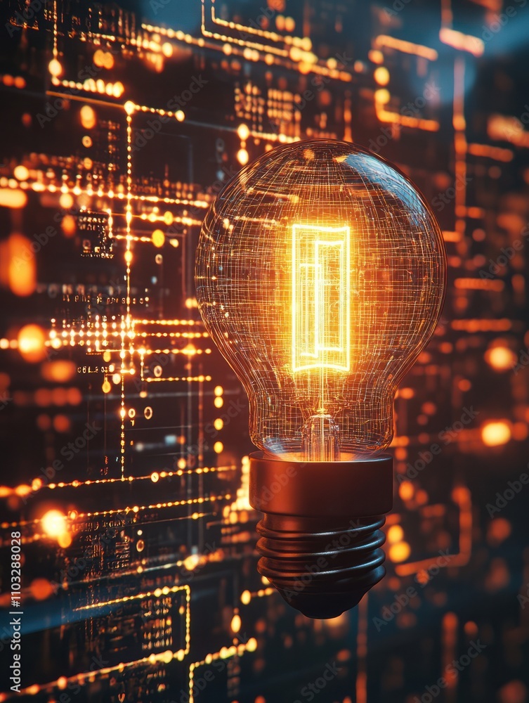 Poster glowing circuit lamp on digital grid background. idea and innovation concept. 3d rendering.
