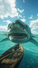 Fototapeta premium First-person perspective from a lone rower in a small wooden boat on a crystal clear lake. Through the transparent turquoise water directly below, an enormous great white shark, larger than a whale