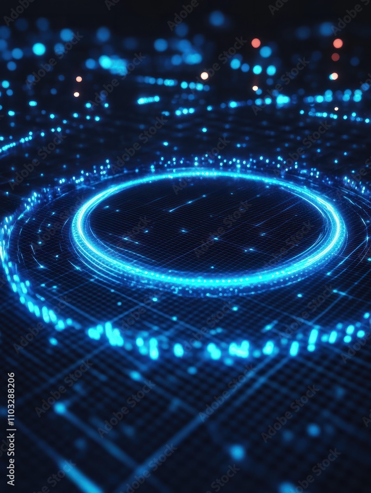 Poster glowing round digital blue interface on dark grid background with mock up place. hud, innovation, di