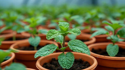 Rows of pots mint growing in greenhouse