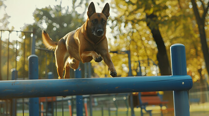 The Belgian Shepherd Malinois jumps over the barrier on the dog playground.