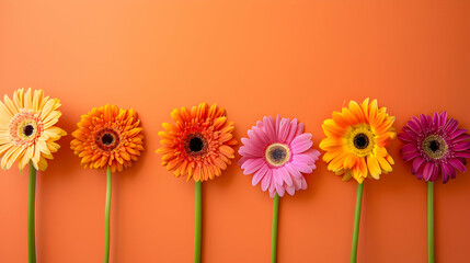 Flowers row on orange background, copy space. Flat lay, top view.