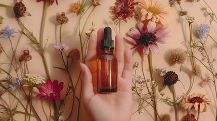 Top view of face serum bottle in hand on beige. Dried multicolored flowers around bottle.