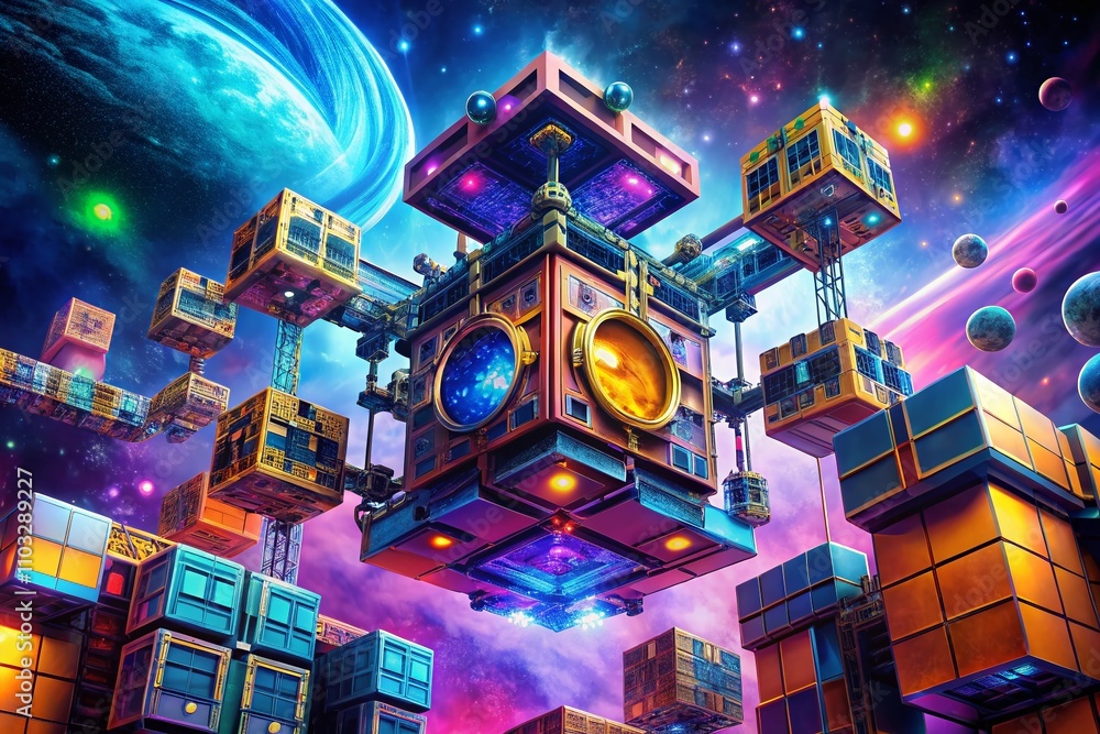 Poster abstract sci-fi construction of cubes and space station in 3d illustration, showcasing futuristic ar