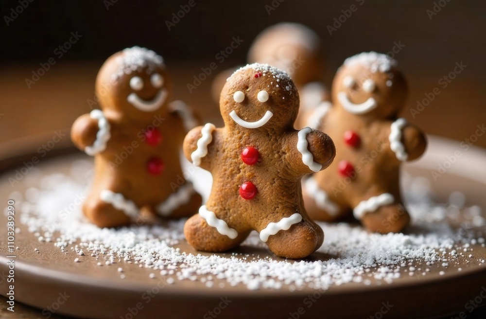 Poster three cheerful gingerbread cookies decorated with icing and placed on a plate with strawberries and 