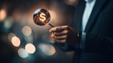 Fototapeta premium Capturing the Essence of Global Finance: Businessman Analyzing Currency Trends with a Magnifying Glass in a Modern Setting