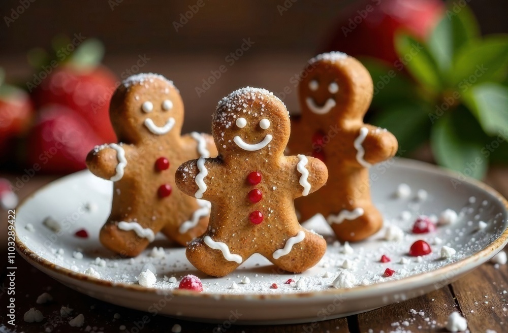Poster three cheerful gingerbread cookies decorated with icing and placed on a plate with strawberries and 