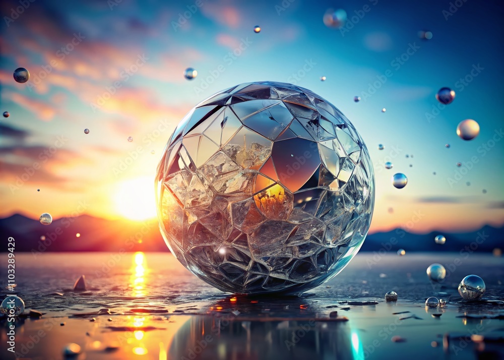 Poster abstract shattered glass sphere with silver accents in 3d rendering, showcasing a unique artistic de