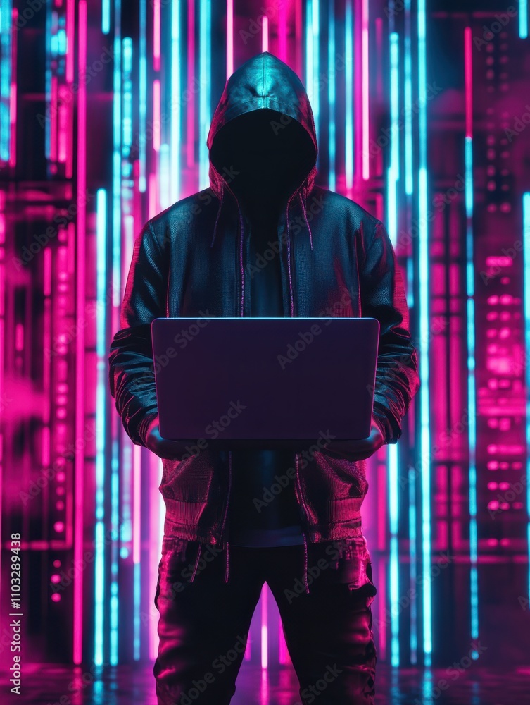 Poster hacker with empty laptop standing on glowing 5g background. mobile internet and information concept.
