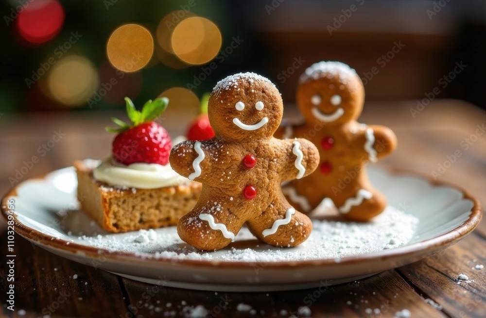 Poster three cheerful gingerbread cookies decorated with icing and placed on a plate with strawberries and 