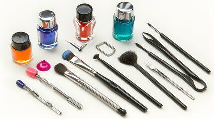 Tools of a manicure set on a white background. Different bottles of nail polish and tools around.