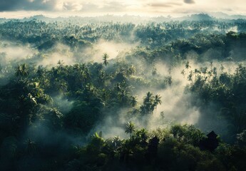 Naklejka premium Lush Tropical Landscape with Morning Fog and Dense Vegetation in an Exotic Wilderness Setting in a Serene Natural Environment